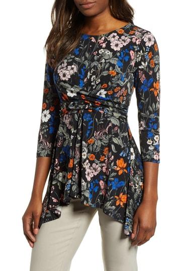 Women's Chaus Botanical Ruched Sharkbite Hem Top - Black