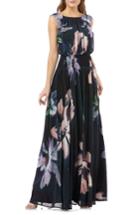 Women's Kay Unger Floral Print Chiffon Gown - Black