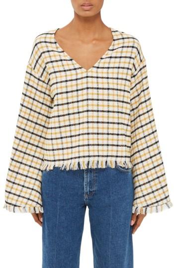 Women's Topshop Boutique Check Flared Sleeve Blouse Us (fits Like 0-2) - Ivory