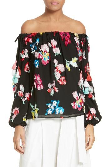 Women's Tanya Taylor Tessa Embroidered Silk Chiffon Off The Shoulder Top