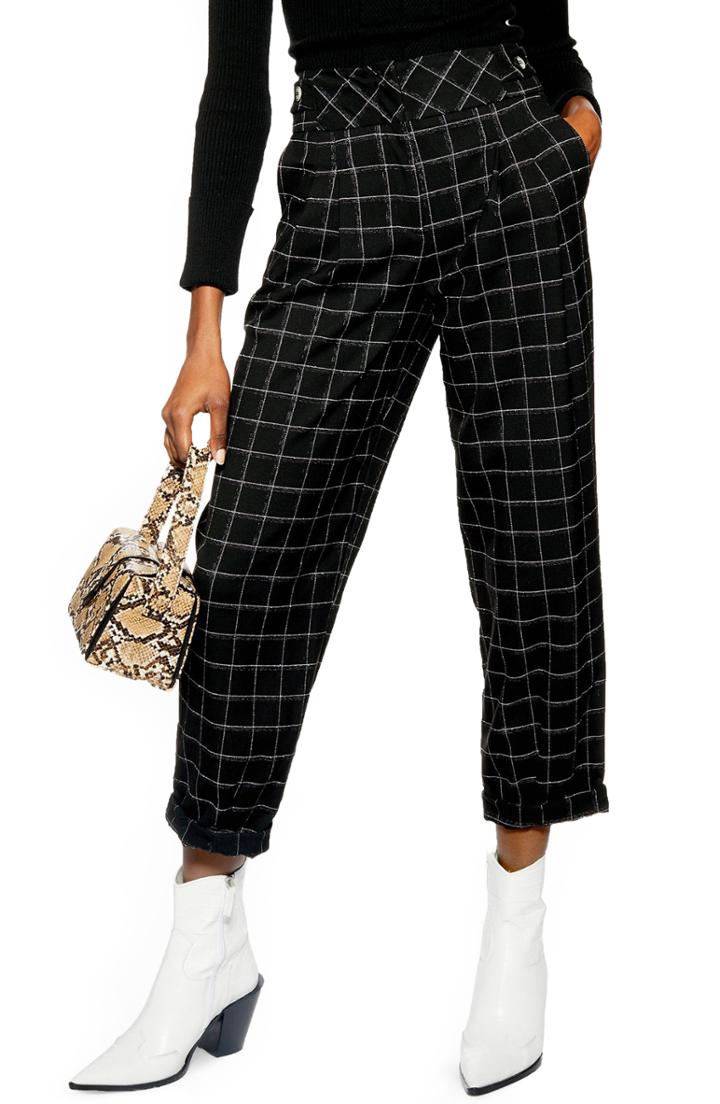 Women's Topshop Windowpane Deep Waistband Cropped Trousers Us (fits Like 16-18) - Black