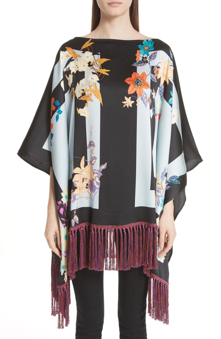 Women's Etro Fringe Trim Floral Stretch Silk Poncho