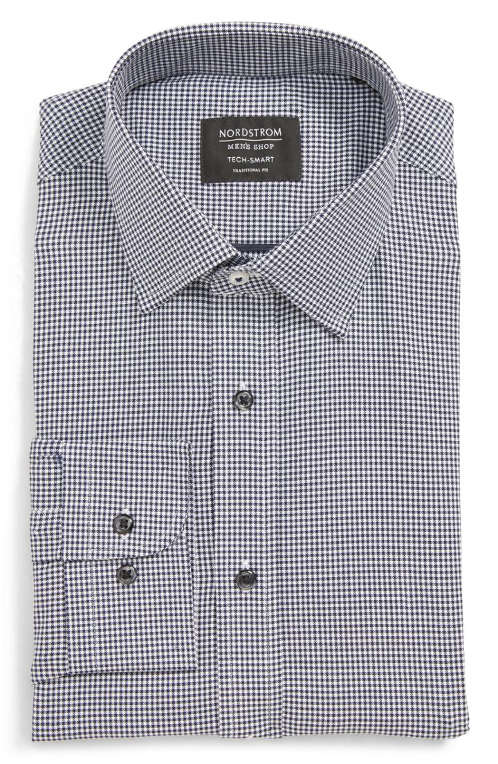 Men's Nordstrom Men's Shop Tech-smart Traditional Fit Stretch Check Dress Shirt .5 - 34/35 - Blue