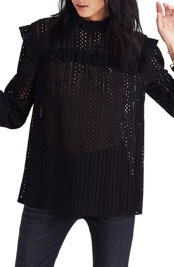 Women's Madewell Ruffle Mock Neck Eyelet Blouse - Black
