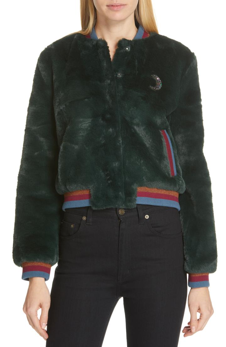 Women's Ted Baker London Colour By Numbers Faux Fur Bomber Jacket - Green