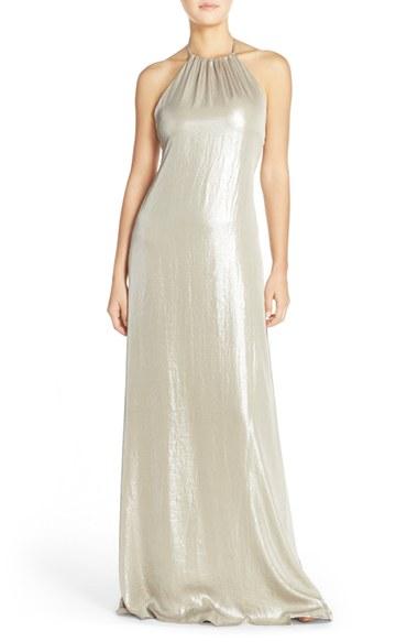Women's Nouvelle Amsale 'deidre' Crushed Liquid Chiffon Halter Trapeze Gown - Metallic