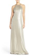 Women's Nouvelle Amsale 'deidre' Crushed Liquid Chiffon Halter Trapeze Gown - Metallic