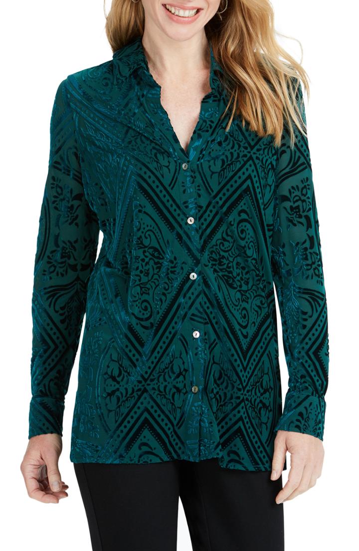 Women's Foxcroft Jade Velvet Burnout Top - Blue/green