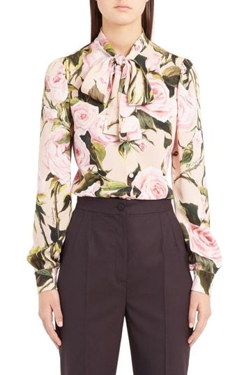 Women's Dolce & Gabbana Rose Print Tie Neck Stretch Silk Blouse Us / 38 It - Pink