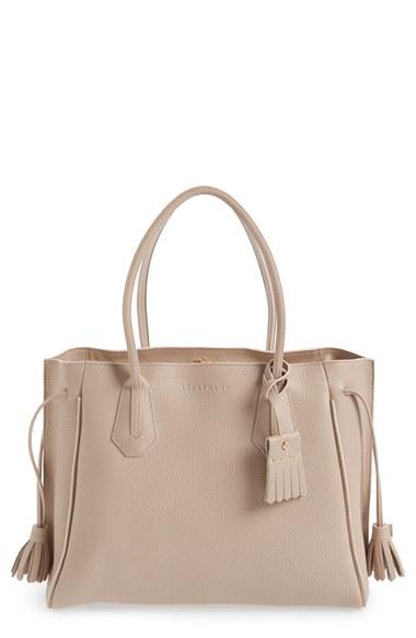 Longchamp 'penelope' Tassel Drawstring Leather Tote - Grey