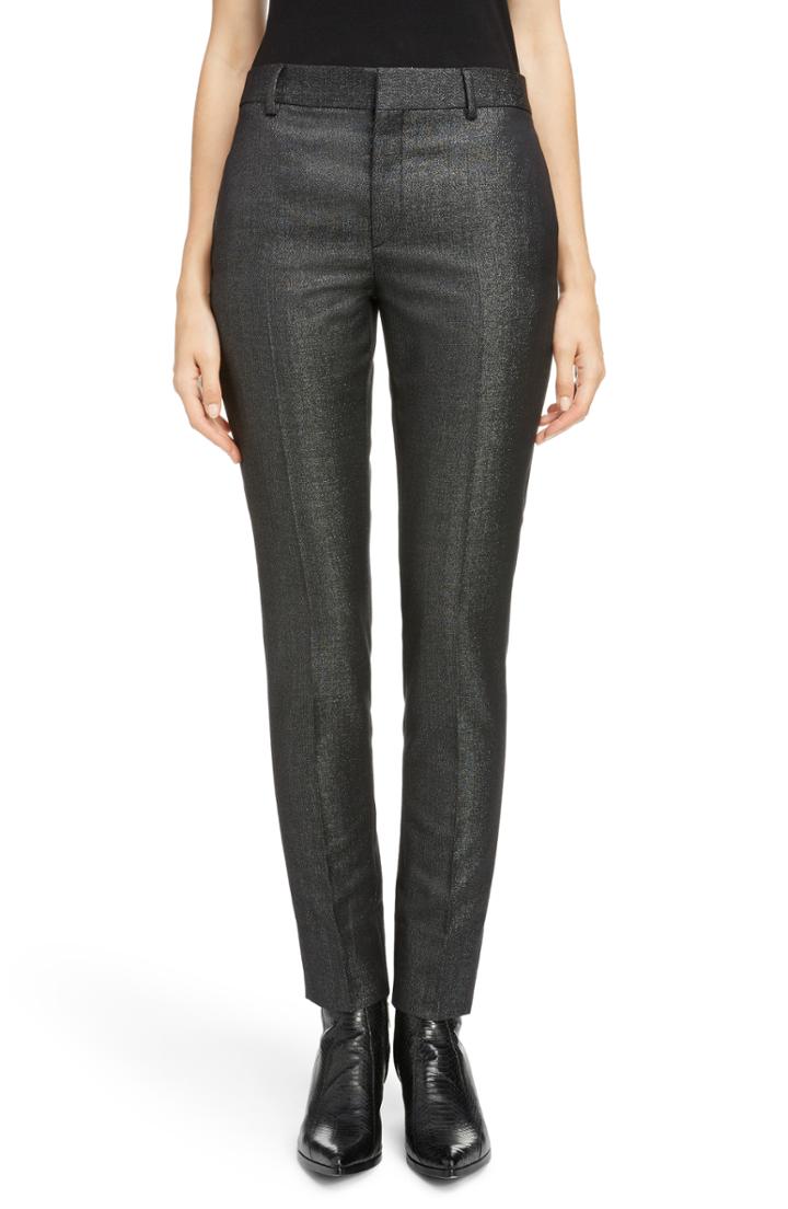 Women's Saint Laurent Metallic Stretch Wool Slim Pants Us / 38 Fr - Black