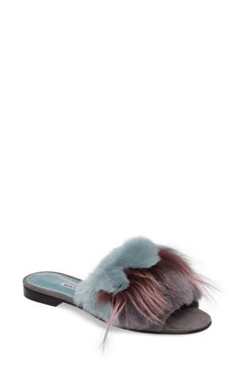 Women's Manolo Blahnik Pelosusrafo Genuine Rabbit & Fox Fur Slide Sandal Us / 36eu - Grey