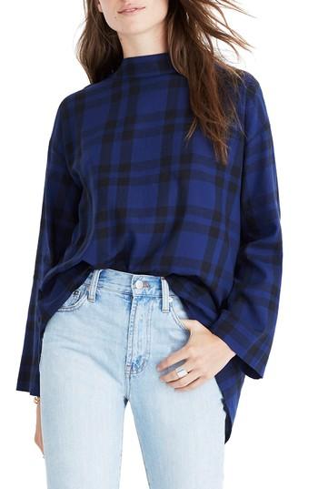 Women's Madewell Plaid Mock Neck Cross Back Shirt, Size - Blue