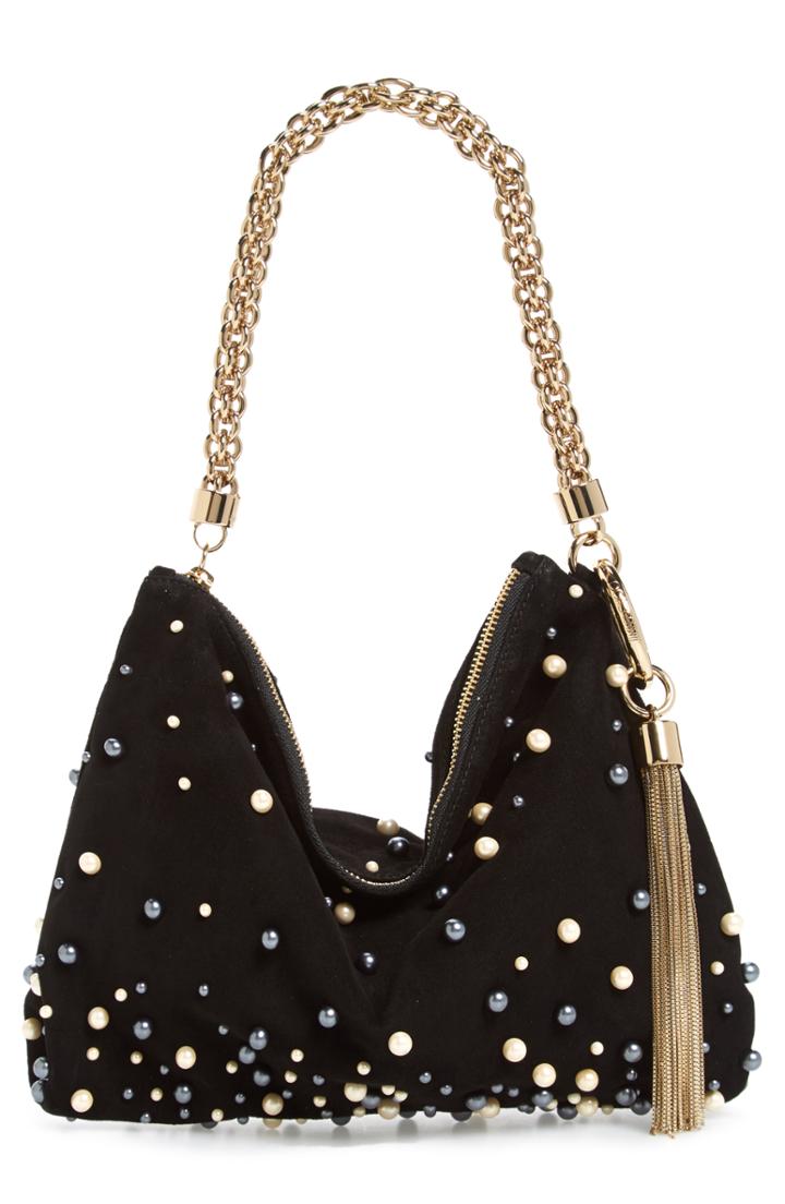 Jimmy Choo Callie Imitation Pearl Embellished Suede Clutch -