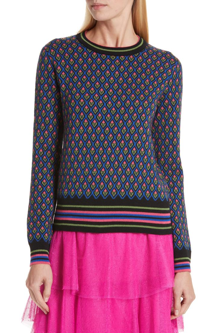 Women's Red Valentino Floral Jacquard Wool Blend Sweater - Black