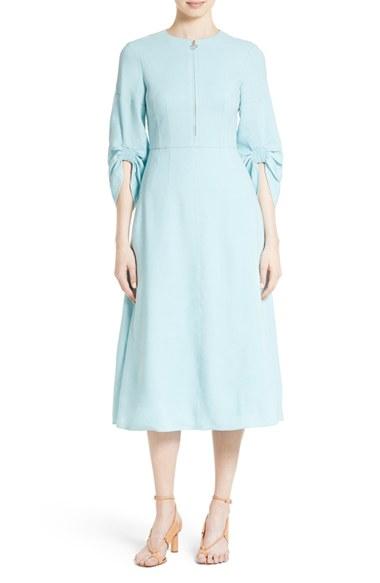 Women's Tibi Marta Smocked Sleeve Linen Blend Midi Dress