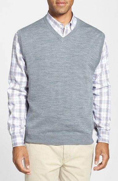 Men's Cutter & Buck 'douglas' Merino Wool Blend V-neck Sweater Vest, Size - Metallic (online Only)