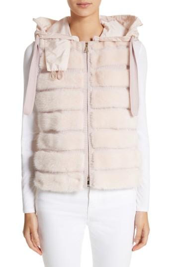 Women's Moncler Ametrine Wool & Cashmere Vest With Genuine Mink Fur Trim & Removable Hood - Pink