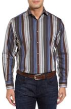 Men's Thomas Dean Regular Fit Multicolor Stripe Herringbone Sport Shirt - Brown