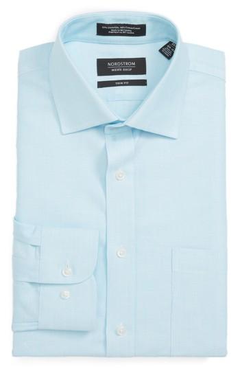 Men's Nordstrom Men's Shop Trim Fit Solid Linen & Cotton Dress Shirt - 34/35 - Blue
