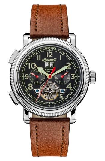 Men's Ingersoll Bloch Open Heart Automatic Multifunction Leather Strap Watch, 45mm