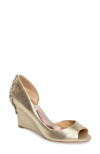 Women's Badgley Mischka Meagan Embellished Peep Toe Wedge .5 W - Metallic