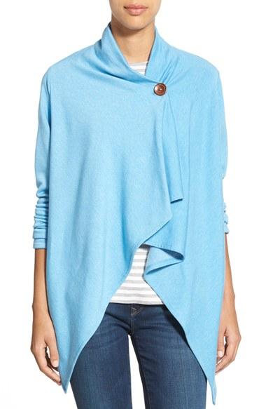 Petite Women's Bobeau One-button Fleece Wrap Cardigan, Size P - Blue
