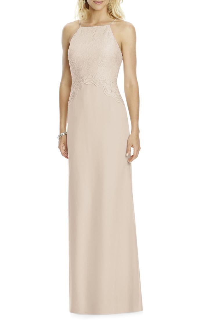 Women's After Six Square Neck Lace & Chiffon Gown (similar To 14w) - Beige