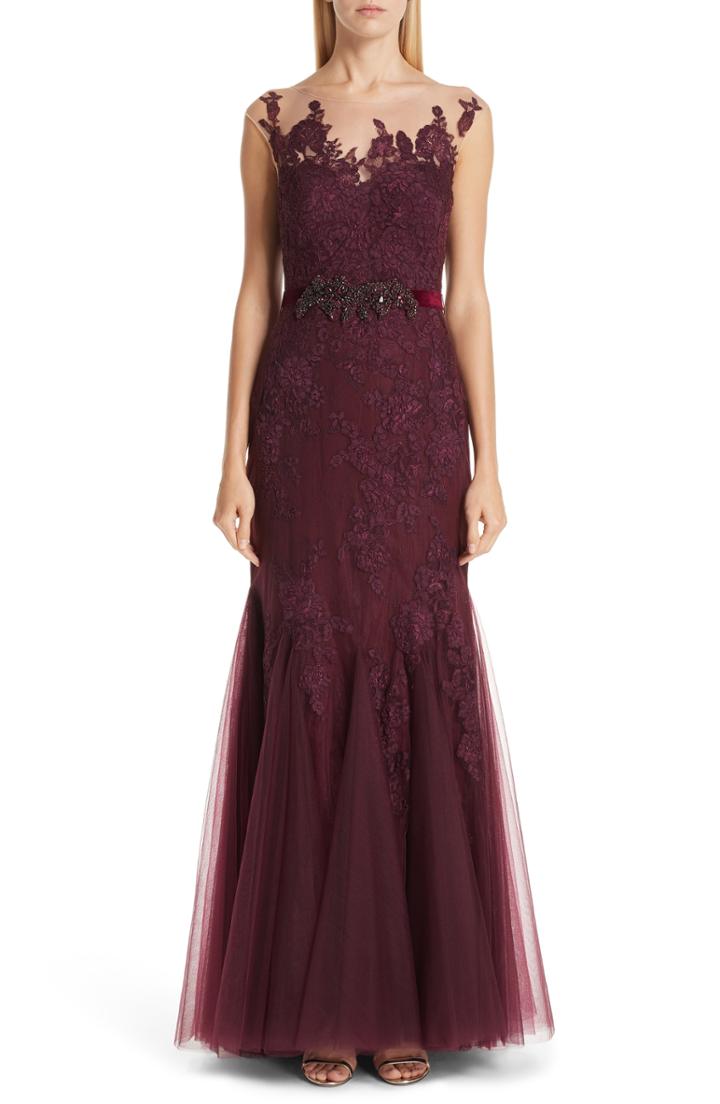 Women's Badgley Mischka Platinum Belted Illusion Neck Lace Trumpet Gown - Burgundy