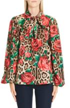 Women's Dolce & Gabbana Rose & Leopard Print Tie Neck Stretch Silk Blouse Us / 50 It - Brown