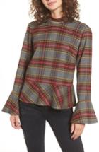 Women's Bp. Plaid Ruffle Hem Shirt, Size - Grey