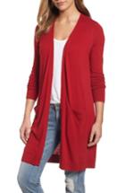 Women's Halogen Long Open Front Cardigan, Size - Red