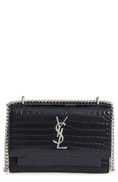 Saint Laurent Mini Monogram Sunset Croc Embossed Leather Shoulder Bag -