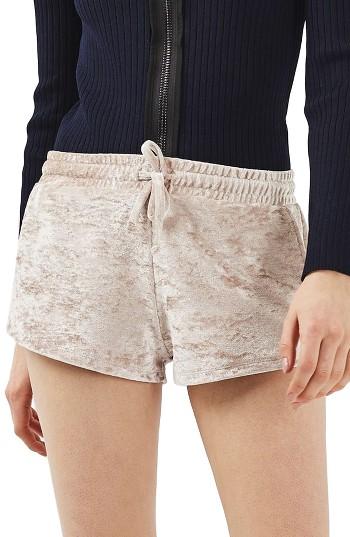 Women's Topshop Crushed Velvet Shorts Us (fits Like 0) - Beige