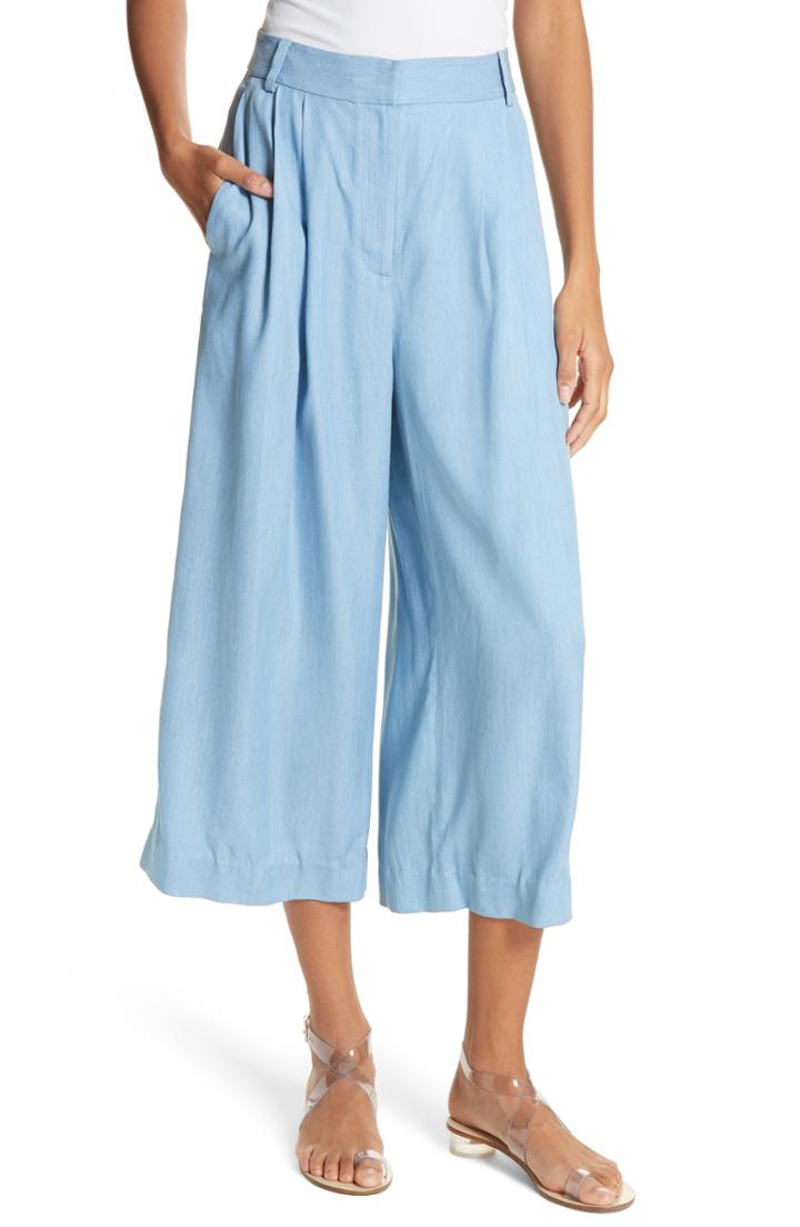 Women's Tibi Drape Chambray Pleated Crop Wide Leg Pants