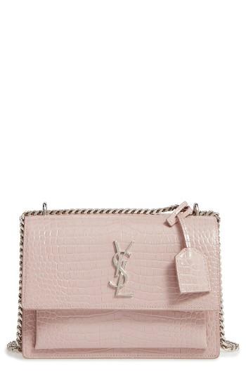 Saint Laurent 'medium Monogram Sunset' Croc Embossed Leather Shoulder Bag - Pink