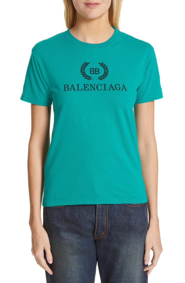 Women's Balenciaga Wreath Logo Cotton Tee - Green