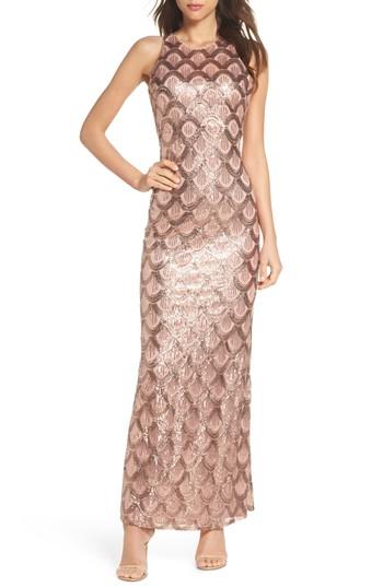 Women's Morgan & Co. Strappy Back Sequin Gown /2 - Metallic