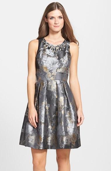 Women's Eliza J Embellished Metallic Jacquard Fit & Flare Dress