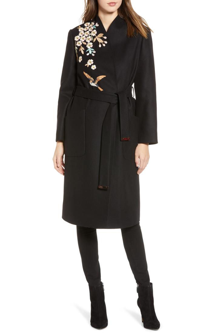 Women's Ted Baker London Fennela Embroidered Wool Coat - Black
