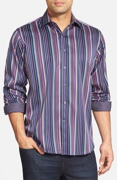 Men's Bugatchi Classic Fit Stripe Sport Shirt - Blue