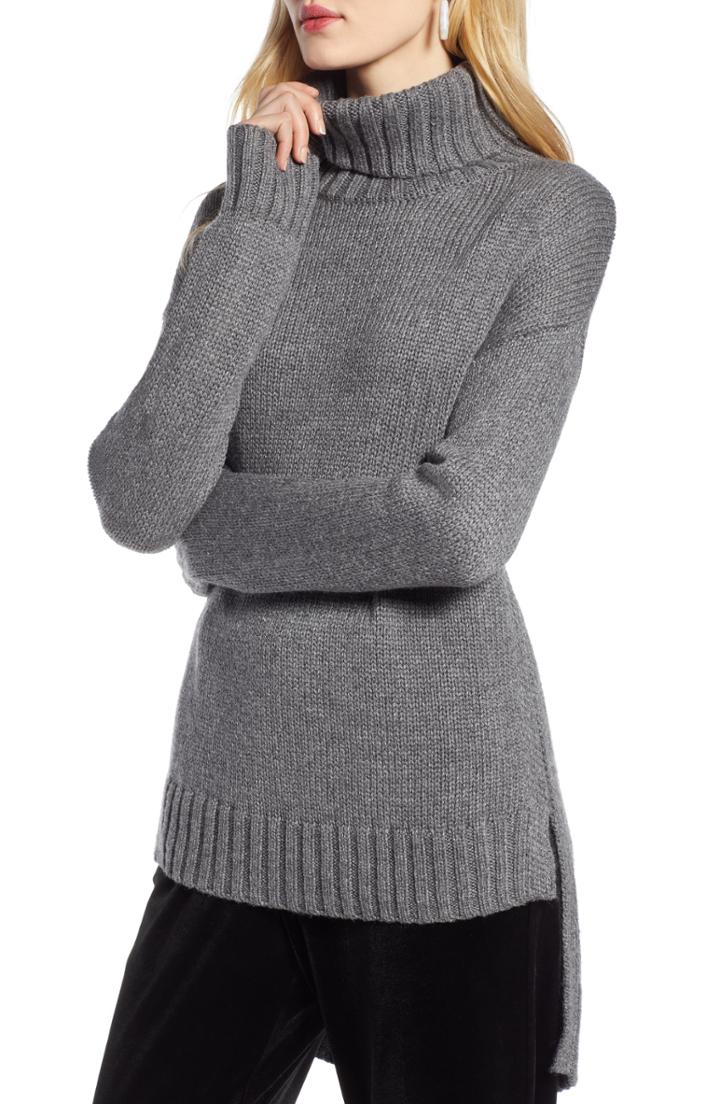 Women's Halogen High/low Turtleneck Sweater - Grey