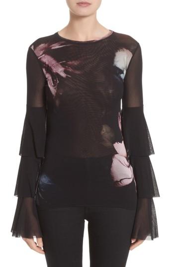 Women's Fuzzi Tiered Sleeve Floral Print Tulle Top, Size - Black