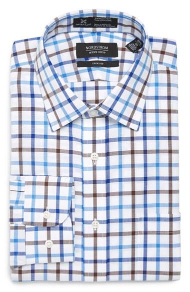 Men's Nordstrom Men's Shop Smartcare(tm) Trim Fit Check Dress Shirt 34/35 - Brown