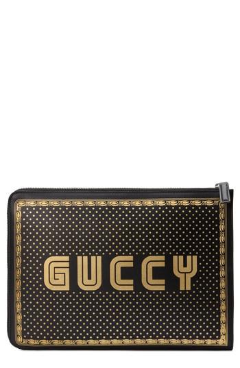 Gucci Guccy Logo Moon & Stars Leather Clutch - Black