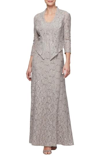 Women's Alex Evenings Sequin Lace Gown With Jacket - Beige