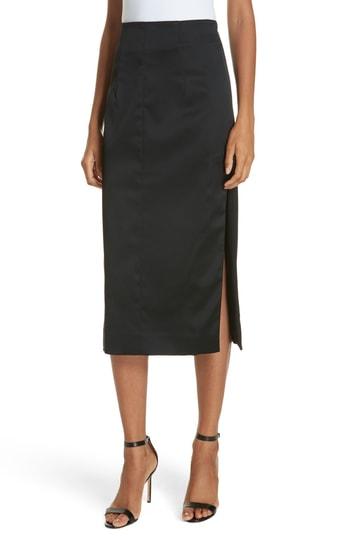 Women's Milly Felicity Stretch Satin Side Slit Pencil Skirt - Black