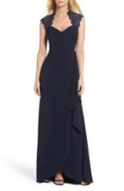 Women's Xscape Side Drape Metallic Lace & Jersey Gown - Blue