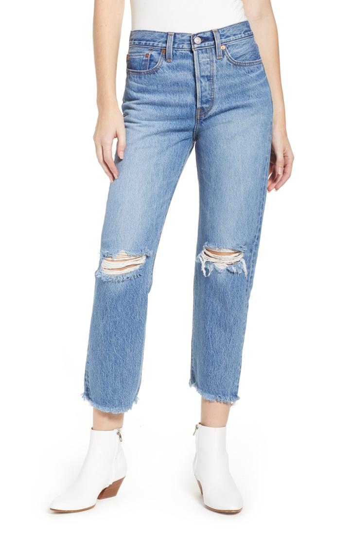 Women's Levi's Wedgie High Waist Ripped Crop Straight Leg Jeans X 26 - Blue