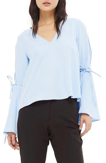 Women's Topshop Tie Trumpet Sleeve Top Us (fits Like 0) - Blue